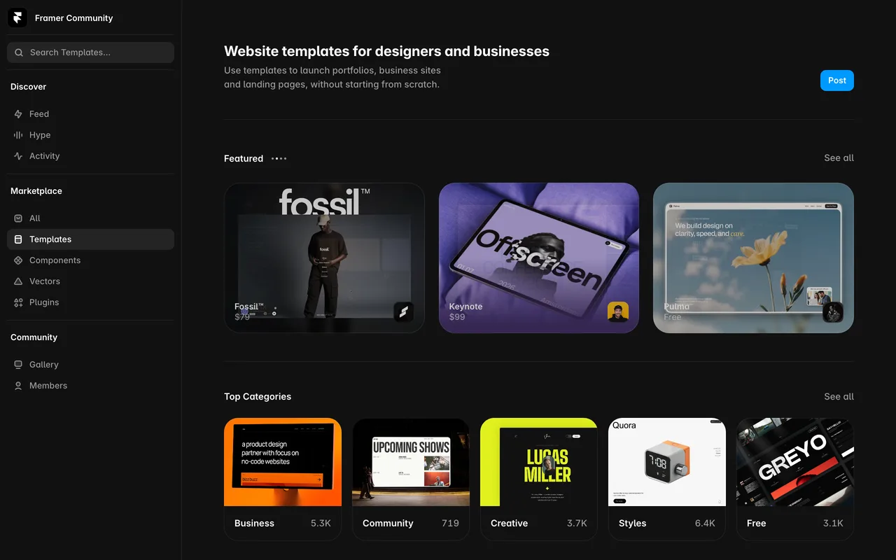 Framer's template marketplace