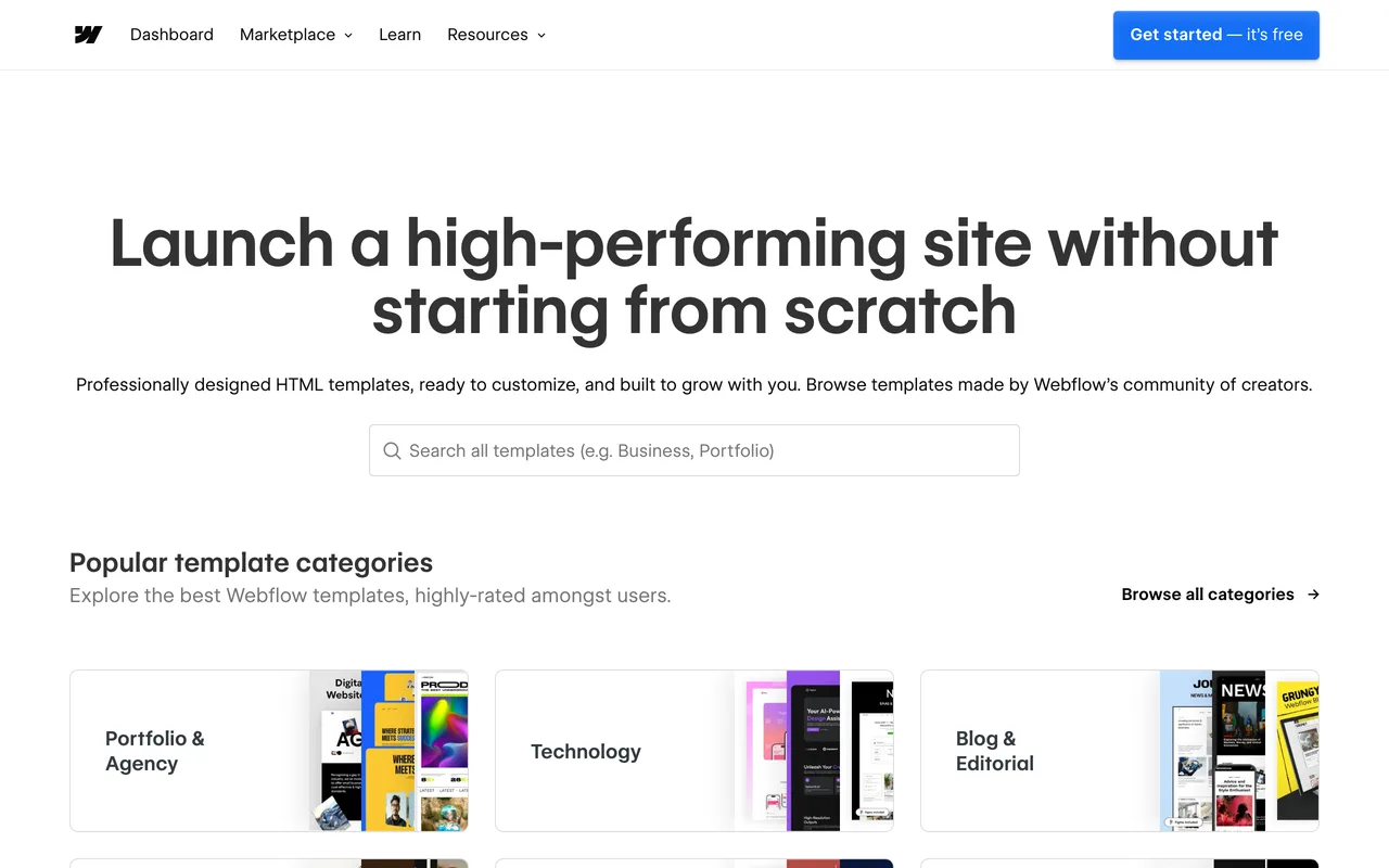 Webflow's template gallery with category rows