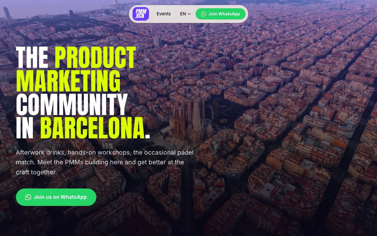 The PMM.BCN homepage, a bold Barcelona skyline hero
