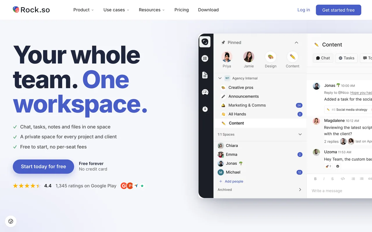 The Rock homepage, reading Your whole team. One workspace. beside the app