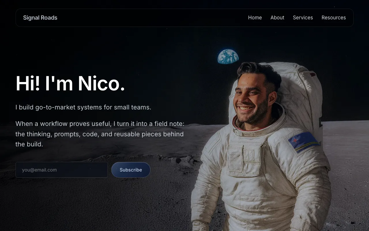 The Signal Roads homepage, a dark hero reading Hi, I'm Nico