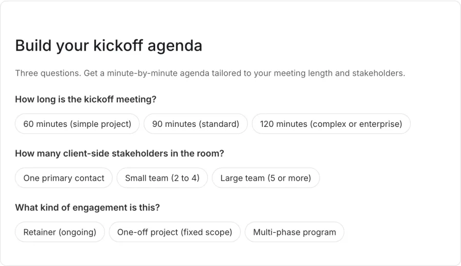 The client kickoff agenda on Rock's blog